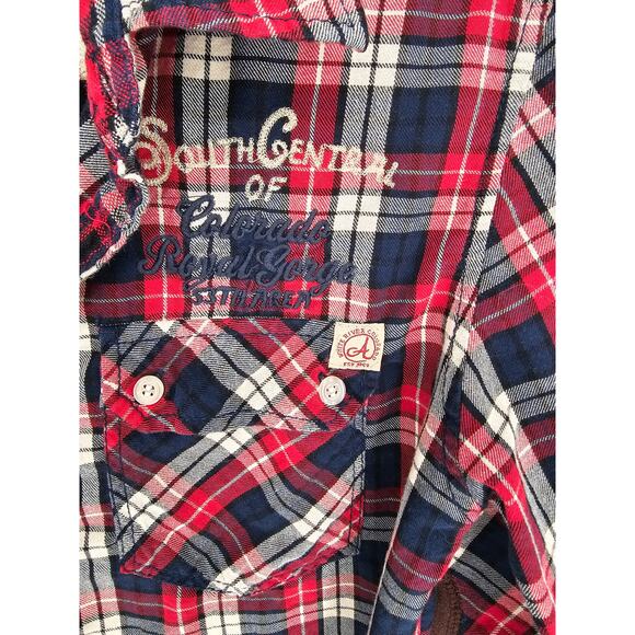 POP USA Flannel Shirt S Embroidered Patches Arkansas River Aspen CO Campground - Picture 3 of 6